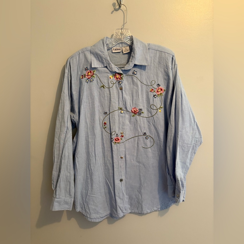 Vintage Capacity Floral Embroidery Long Sleeve Button Down Cotton Blouse Large - Picture 4 of 12